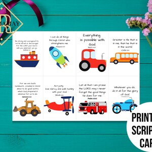 May include: Printable scripture cards with colorful illustrations of vehicles and inspirational quotes. The cards feature verses like "Everything is possible with God" and "Greater is He that is in me, than he that is in the world".
