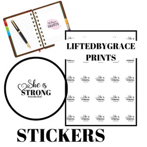 She Is Strong Stickers, Proverbs 31 Stickers, Proverbs 31:25, Proverbs Woman Sticker, Bible Verse Sticker, Scripture Stickers, Bible Journal