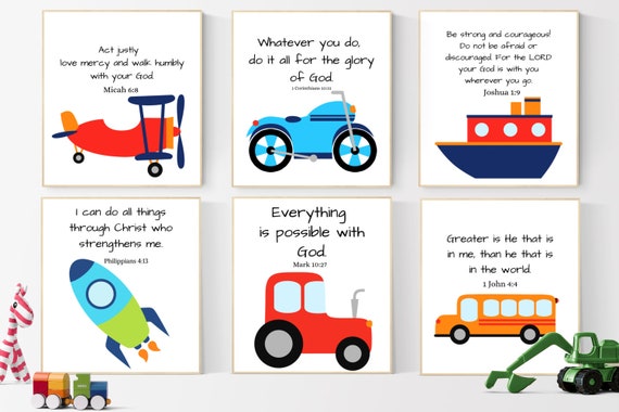Kids Vehicle Print Rocket Nursery Scripture Vehicle Prints Etsy