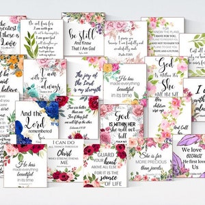 May include: A set of 16 printable cards with floral designs and inspirational quotes from the Bible. The cards feature various floral patterns in shades of pink, red, blue, and green. Each card has a different quote, such as "But the greatest of these is love", "I am with you always", and "God is within her, she will not fall".