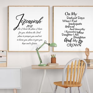 Jeremia 29:11, Christian Artwork, Afdrukbare kunstwerken, op mijn donkerste dagen, ik weet dat de plannen die ik heb voor u, set van twee Bijbelvers Print
