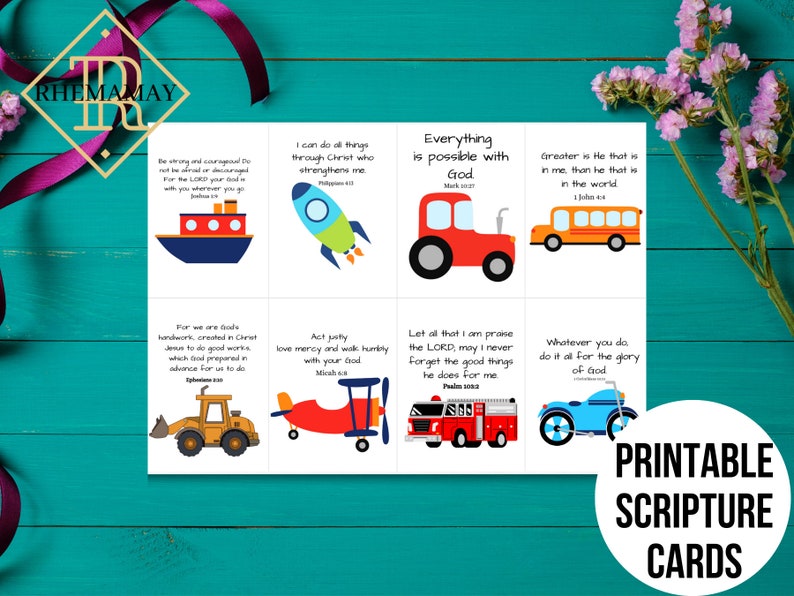May include: Printable scripture cards with colorful illustrations of vehicles and inspirational quotes. The cards feature verses like "Everything is possible with God" and "Greater is He that is in me, than he that is in the world".