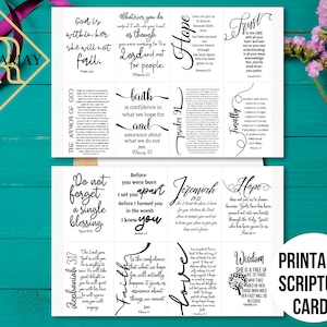 May include: Printable scripture cards with black text on a white background. The cards feature various bible verses and quotes about faith, hope, love, wisdom, trust, and family. The cards are arranged in a grid pattern on a wooden surface.