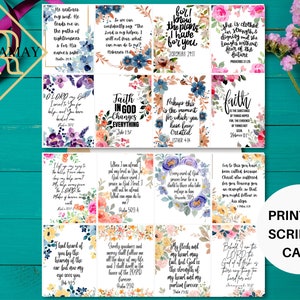 May include: Printable scripture cards with floral designs and inspirational quotes. The cards feature various bible verses and are perfect for journaling, scrapbooking, or gift giving.