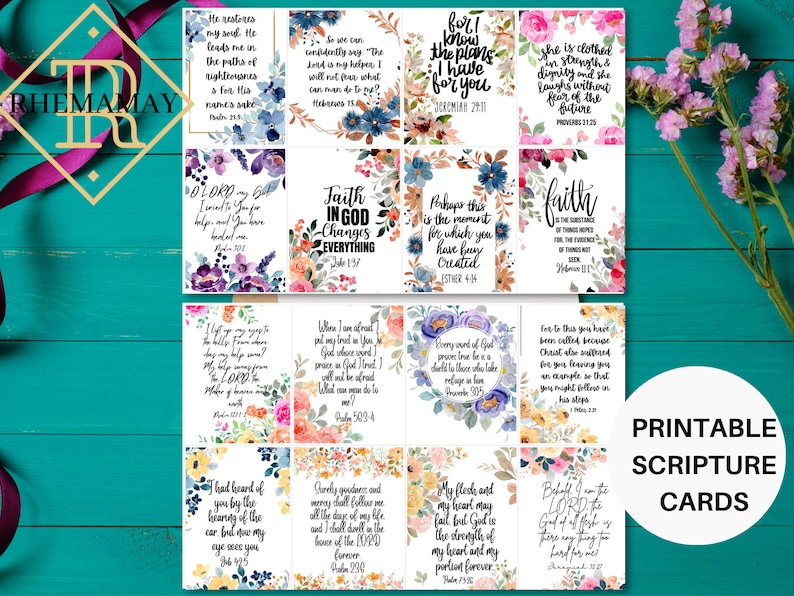 May include: Printable scripture cards with floral designs and inspirational quotes. The cards feature various bible verses and are perfect for journaling, scrapbooking, or gift giving.