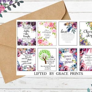 Tarjetas de las Escrituras, versículo bíblico imprimible, tarjetas bíblicas, memoria de las Escrituras, ocho tarjetas de juego, tarjetas inspiradoras, conjunto de 8 versículos bíblicos imprimibles