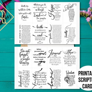 May include: Printable scripture cards with black text on a white background. The cards feature various bible verses and quotes about faith, hope, love, wisdom, trust, and family. The cards are arranged in a grid pattern on a wooden surface.