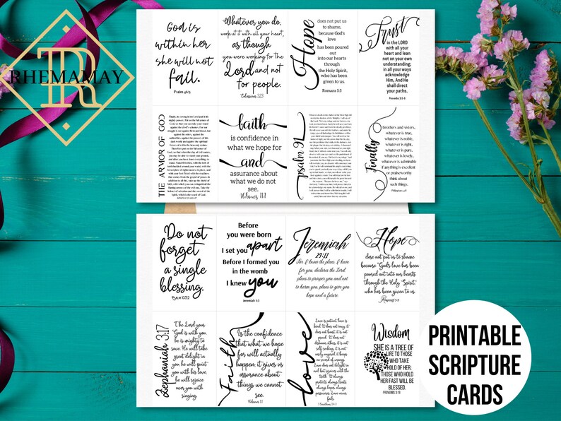 May include: Printable scripture cards with black text on a white background. The cards feature various bible verses and quotes about faith, hope, love, wisdom, trust, and family. The cards are arranged in a grid pattern on a wooden surface.