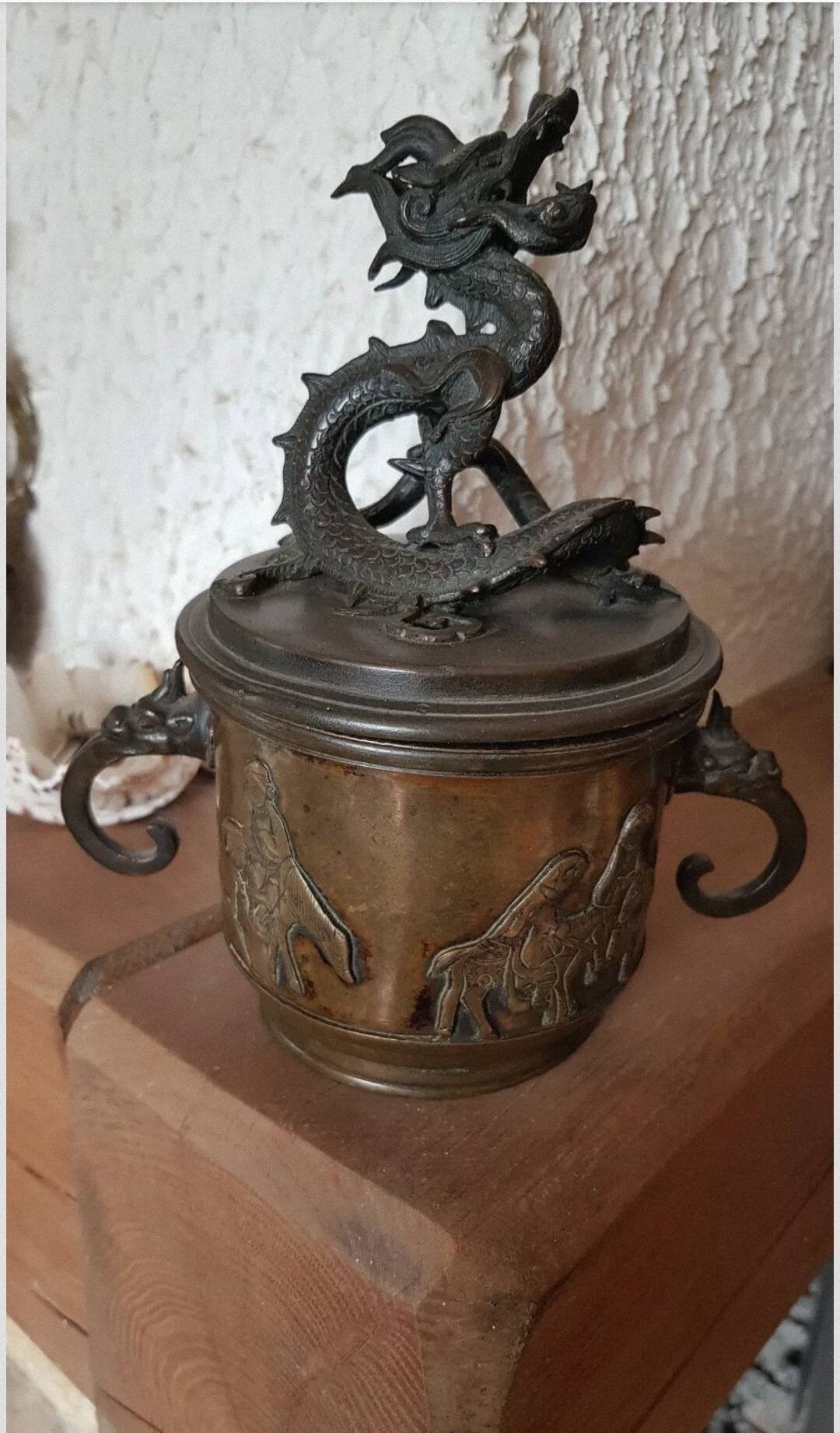 Brûle Parfum Encens Asiatique Chine Ancien en Bronze Dragon