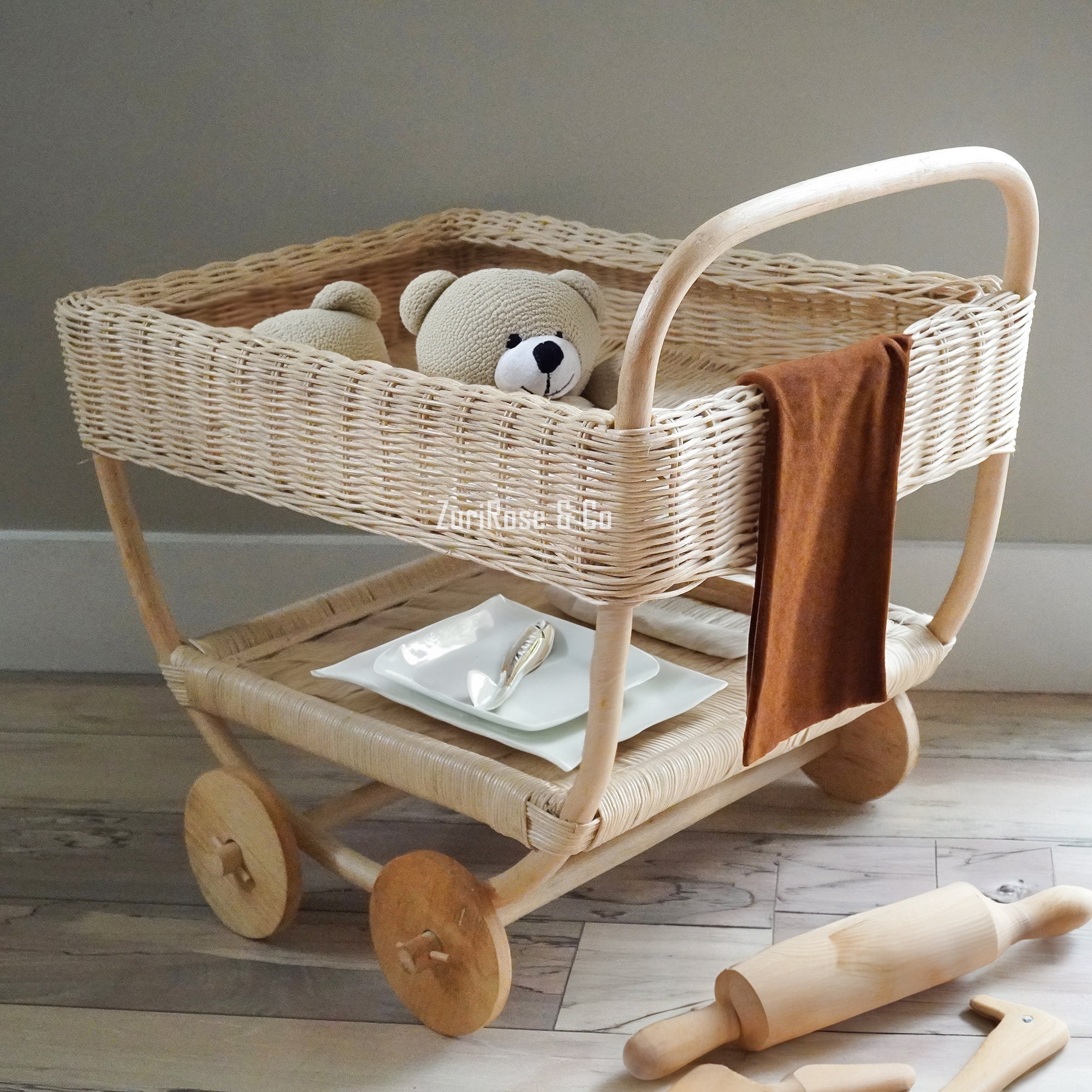 Rattan Shopping Trolley, Wicker Shopping Trolley With Handle, Wheel  Shopping Basket, Cart on Wheels Woven Basket, Adult/baby Woven Trolley 