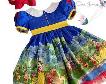 Snow White Girls Dress, Special Occasion, Birthday Dress, Themed Party Dress, Handmade Princess Party Gown with matching Headband