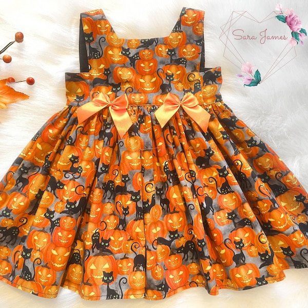 Happy Halloween Dress With Pumpkins And Witches Black Cats, With Matching Personalised Hairbow