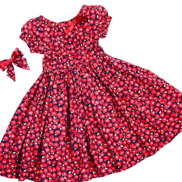 Willow, Girls Peasant Dress, Poppy Dress, Girls floral dress, Peasant style dress, Red floral dress, Red and Navy Dress