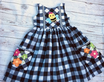 Bumble bee dress, summer dress, black and white check dress, gingham dress, girls summer dress