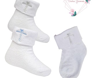 Baby Gender Neutral White Christening/Baptism Socks with Silver or Blue Embroidered Cross