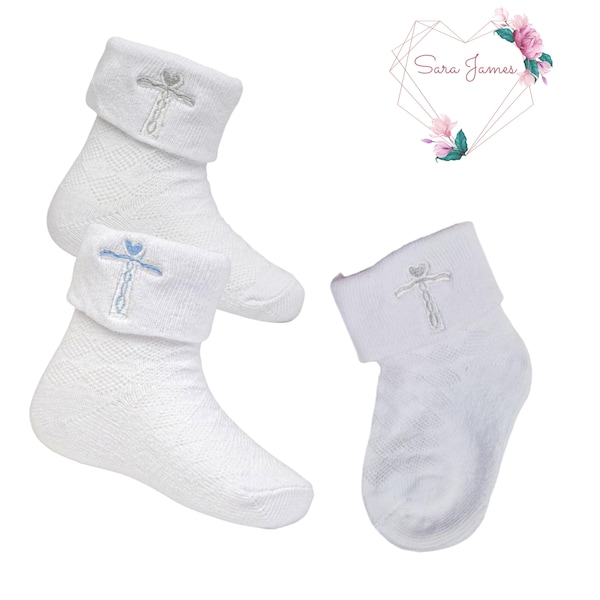 Baby Gender Neutral White Christening/Baptism Socks with Silver or Blue Embroidered Cross