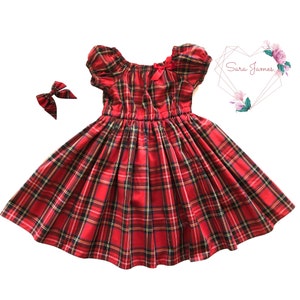 Stewart Tartan Christmas Dress with Matching Hairbow, Babies Christmas Dress, Girls Christmas Dress, Red Tartan Dress, Babies Clothes