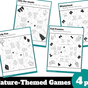 May include: Four black and white printable nature-themed games for kids. The games are called "Into the Woods", "Winterland", "Birdy Fun", and "Fall Funnies". Each game is a fortune teller or cootie catcher.
