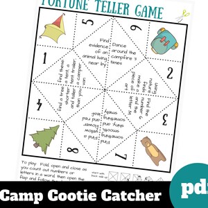 Camping Cootie Catcher outdoor game for kids, printable preschool activity for summer, outside birthday party game, forest school