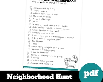 Neighborhood scavenger hunt for kids, printable kids activity for summer, outside games, Outdoor nature scavenger hunts, birthday party game