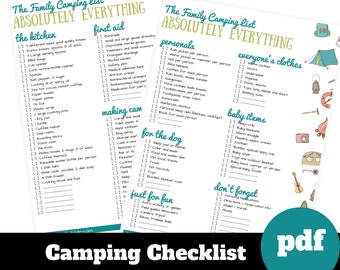 Camping Packing Lists, RV Camper Checklist printable, Download, Gift for camper, Camping with Kids Planner, Camping checklist