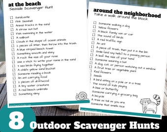 Outdoor scavenger hunts for kids, printable kids activities pack for summer, outside games, neighborhood and nature scavenger hunts,