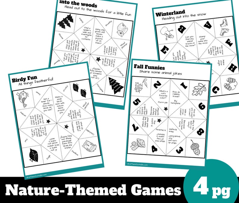 May include: Four black and white printable nature-themed games for kids. The games are called "Into the Woods", "Winterland", "Birdy Fun", and "Fall Funnies". Each game is a fortune teller or cootie catcher.