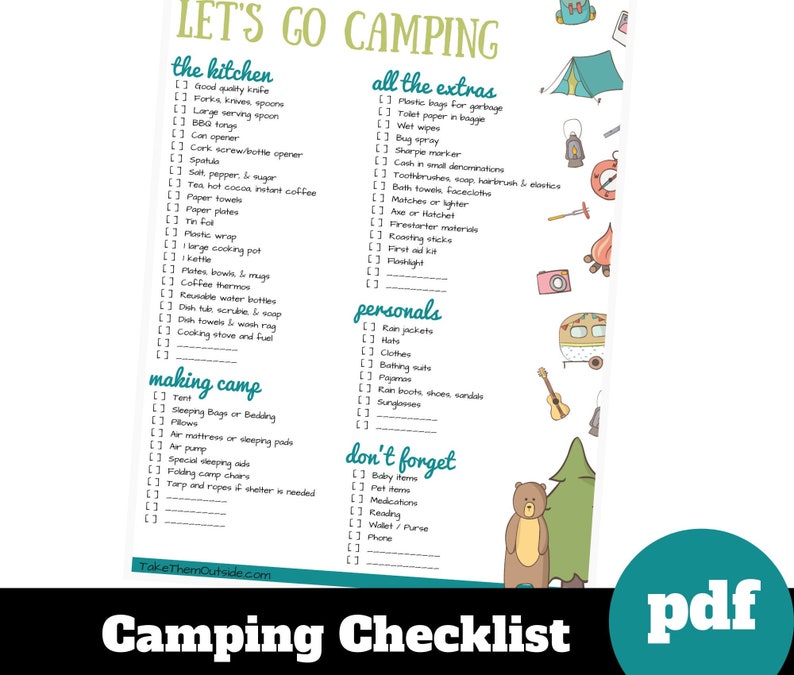 camping packing checklist rv camper list printable download etsy