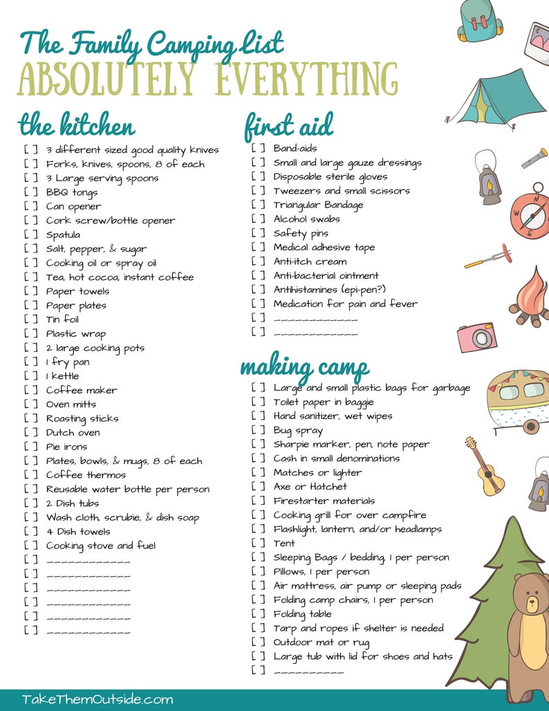 camping packing lists rv camper checklist printable etsy
