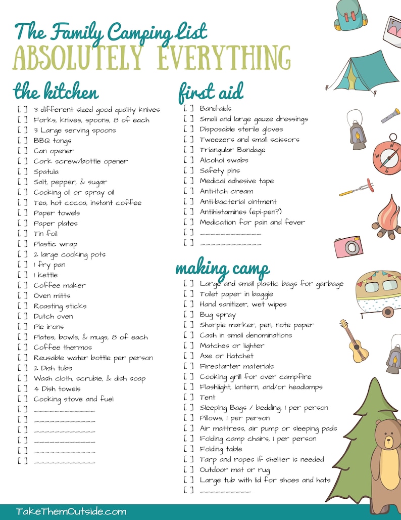 camping packing lists rv camper checklist printable etsy