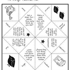May include: Black and white printable bird-themed origami game with instructions for a fun outdoor activity. The game includes phrases like "Set a timer for 1 minute. How many birds do you see?" and "Can you find a piece of garbage? If you do, put it in the trash."