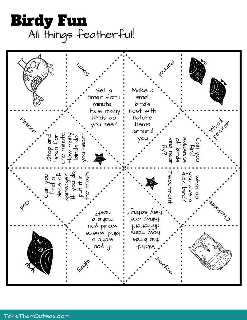 May include: Black and white printable bird-themed origami game with instructions for a fun outdoor activity. The game includes phrases like "Set a timer for 1 minute. How many birds do you see?" and "Can you find a piece of garbage? If you do, put it in the trash."