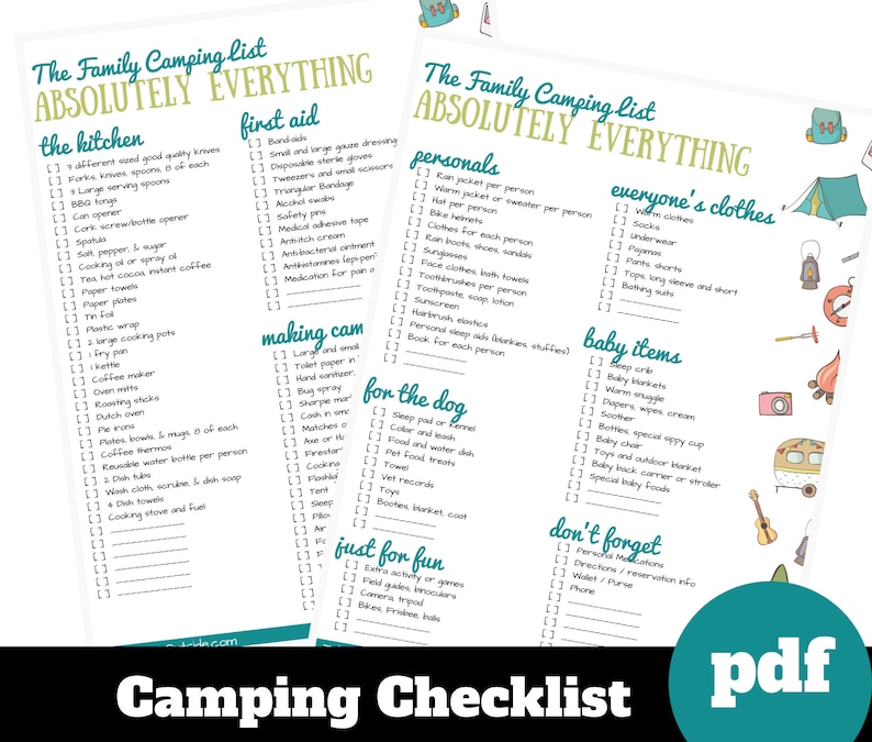 camping packing lists rv camper checklist printable etsy