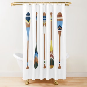 Painted Oars Lake Cabin Shower Curtain Nautical Canoe Paddle Art Modern Coastal Bathroom White Shower Curtain Rustic Lake Bathroom Decor