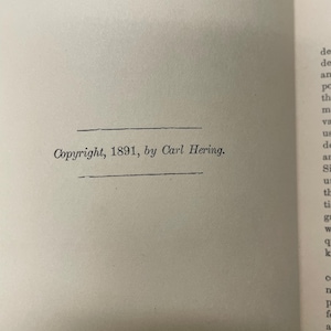 May include: A page from a book with the text "Copyright, 1891, by Carl Hering." The text is in a serif font and is centered on the page. There are two horizontal lines above and below the text.