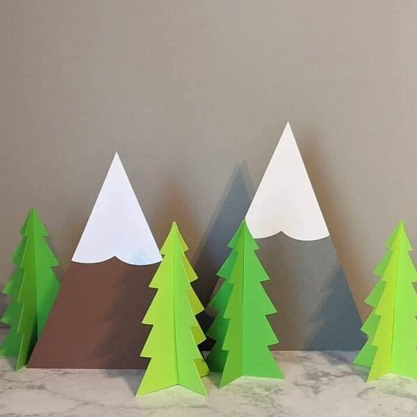 Forest party decorations, table stand ups, mountains and trees, camping birthday party, outdoors party