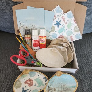 DIY Decoupage Clam Shell Kit | Coastal Seashell Craft Kit with Ocean Napkins, Mod Podge, Paints & Tools | Beach Decor Art Project