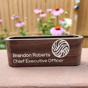 Walnut Engraved Business Card Holder, White Text with Logo Fully Customizable