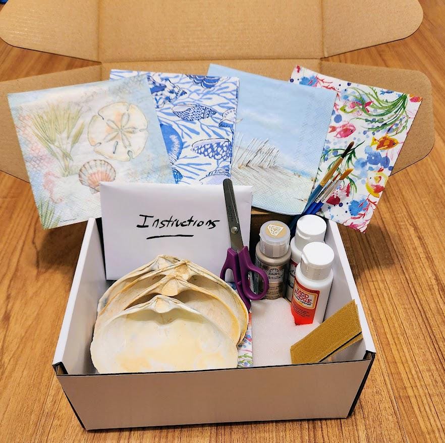 DIY Decoupage Clam Shell Kit | Coastal Seashell Craft Kit with Ocean Napkins, Mod Podge, Paints & Tools | Beach Decor Art Project