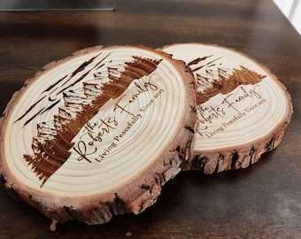 Personalized Wood Coasters Tree Coaster Live Edge Bark Coaster Set Customized Last Name Rustic Coaster Wood Decor Art Wedding Gift for Groom