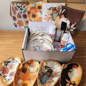 May include: A craft kit with decorated seashells, napkins, paint, and supplies. The seashells feature floral and autumn-themed designs. The kit includes paint, Mod Podge, a brush, and scissors. The box contains instructions and sandpaper.