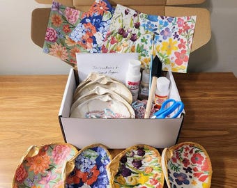 DIY Decoupage Clam Shell Kit | Summer Botonical Seashell Craft Kit with Floral Napkins, Mod Podge, Paints & Tools | Beach Decor Art Project