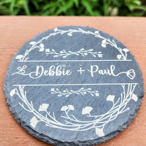 Personalized Slate Coaster | Engraved Floral Wreath Wedding Gift