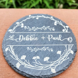 Engraved Slate Coaster Set Round Slate Coasters Gift for Newlyweds and Engaged Couples Name Engraved Black Slate Coasters Laser Engraved