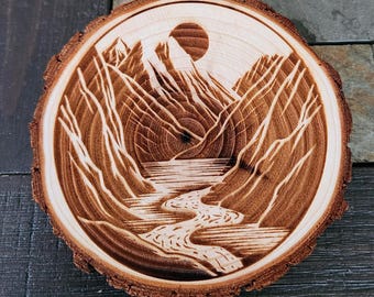 Engraved Mountain Scene Wood Coasters: Live Edge Rustic Cabin Decor