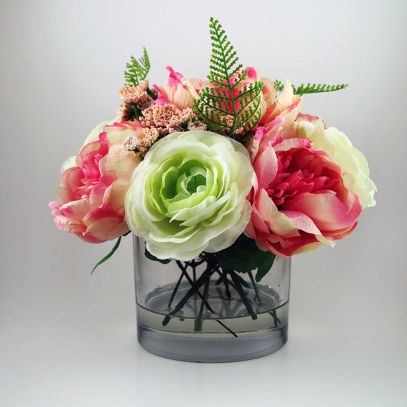 Pink Peony White Cabbage Rose With Queen Ann Lace Faux Etsy