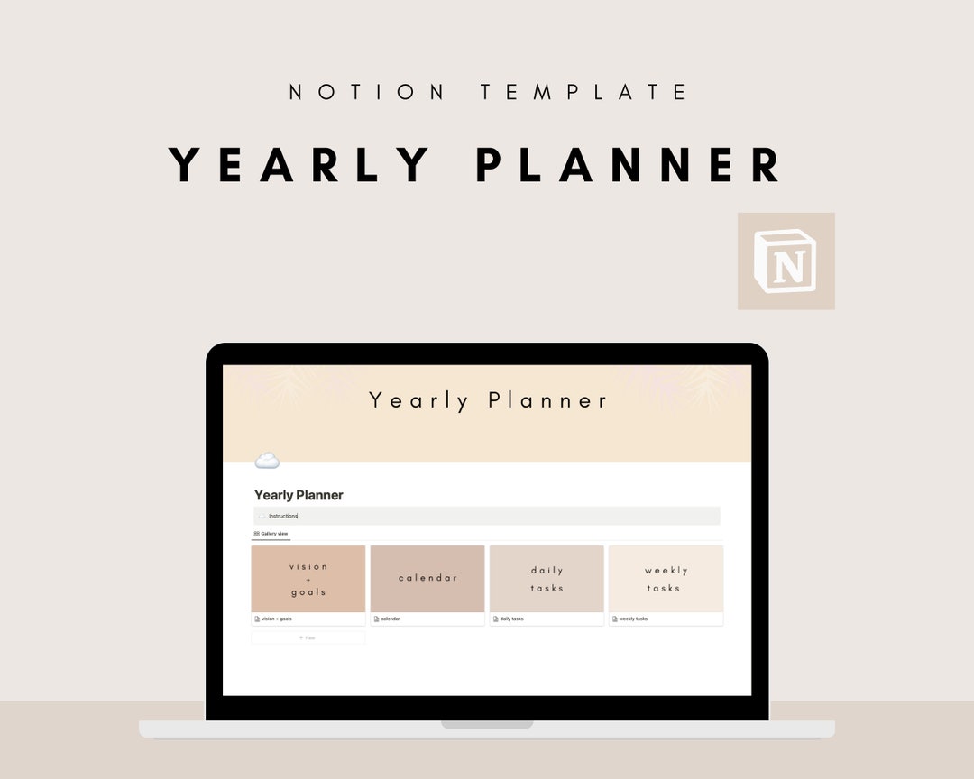 Minimal Notion Yearly Planner, Beige Digital Planner, Notion Template