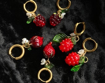 Glass Berry Gold Hoop Earrings: Strawberry and Blackberry