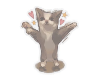 Puede incluir: Una ilustración de dibujos animados de un gato marrón y blanco con ojos grandes y una expresión de sorpresa. El gato está de pie sobre sus patas traseras con las patas delanteras extendidas, como si estuviera pidiendo un abrazo. Hay corazones rosas y estrellas amarillas alrededor del gato.
