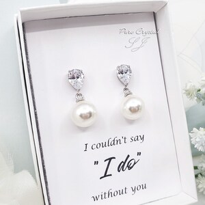 Simple  Crystal with 10mm Creamy Pearl 925 SILVER POST Bridesmaid Earrings, Bridesmaid Earrings Gift,